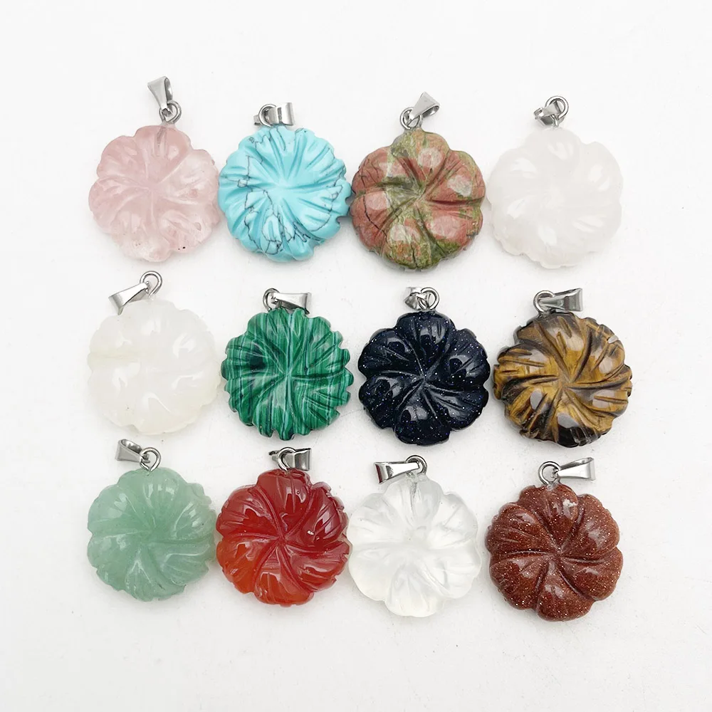 

fashion mixed small Carved flower natural stone pendants & necklaces for Jewelry making charm accessories 12pc free shipping