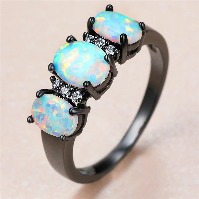 

Classic Female White Opal Stone Ring Charm 14KT Black Gold Wedding Rings For Women Luxury Bride Oval Crystal Engagement Ring