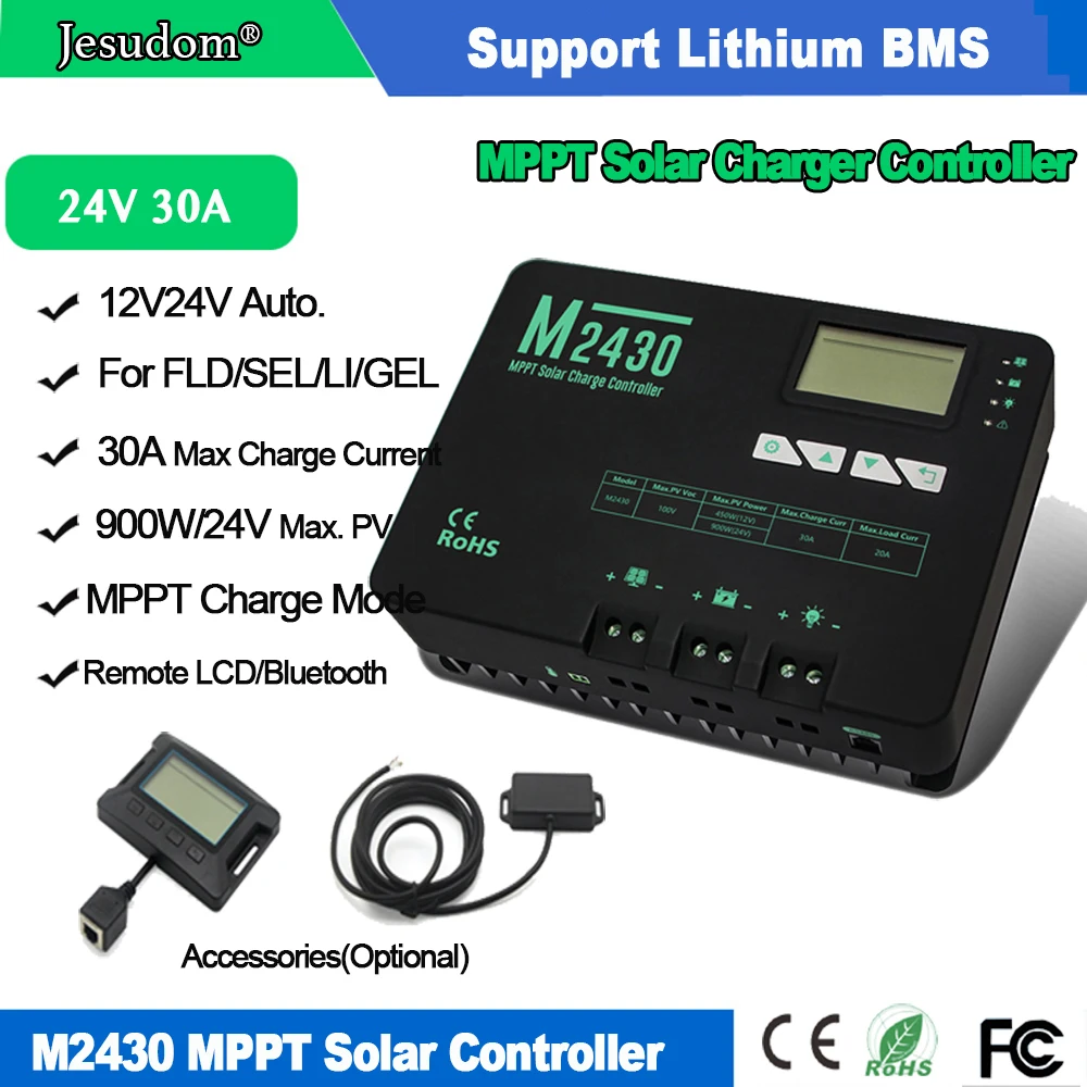 Контроллер заряда солнечной батареи MPPT 20A 30A 40A Φ 12V 24V Авто с ЖК-дисплеем Bluetooth