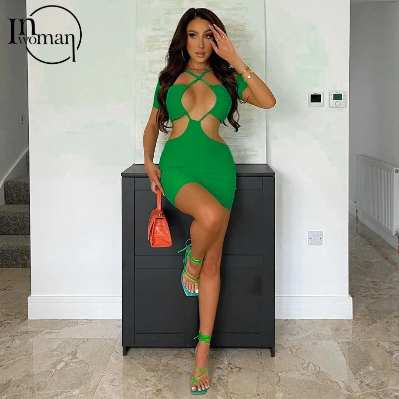 

INWOMAN Sexy Clubwear Hollow Out Women Bodycon Backless Dress Ladies Party Mini Dress Drawstring Halter Dress Pencil Dress 2021