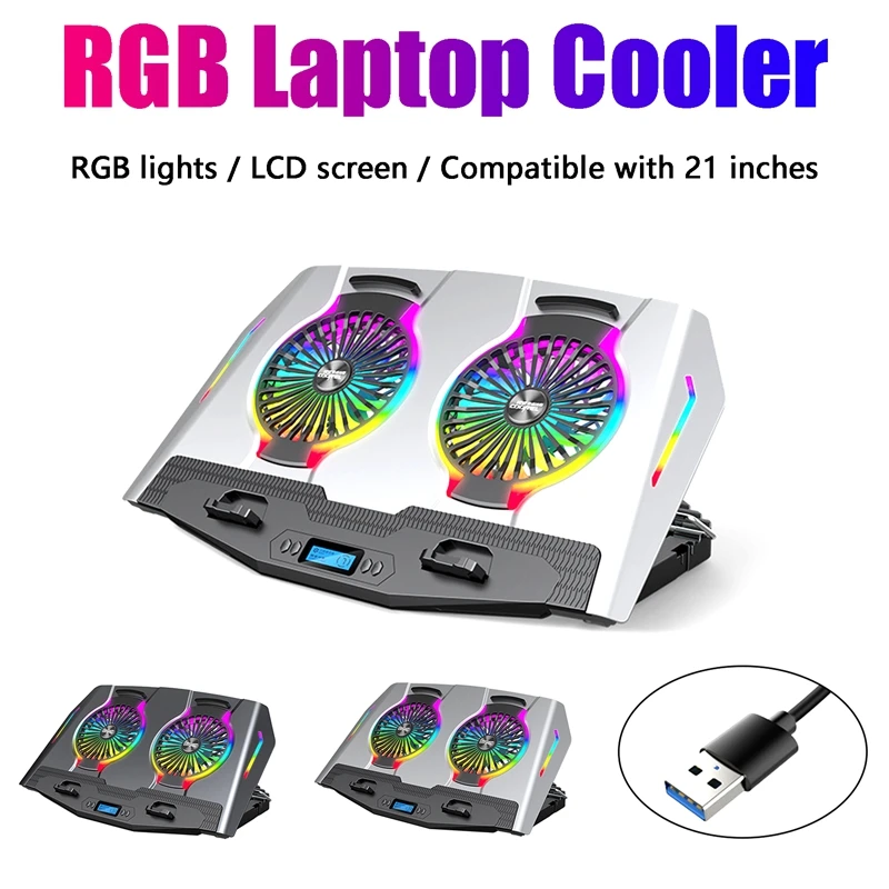 

RGB Laptop Cooler 11-21 Inch Dual Fan with LCD Display Gaming Laptop Cooling Pad Laptop Stand with 2 USB Ports
