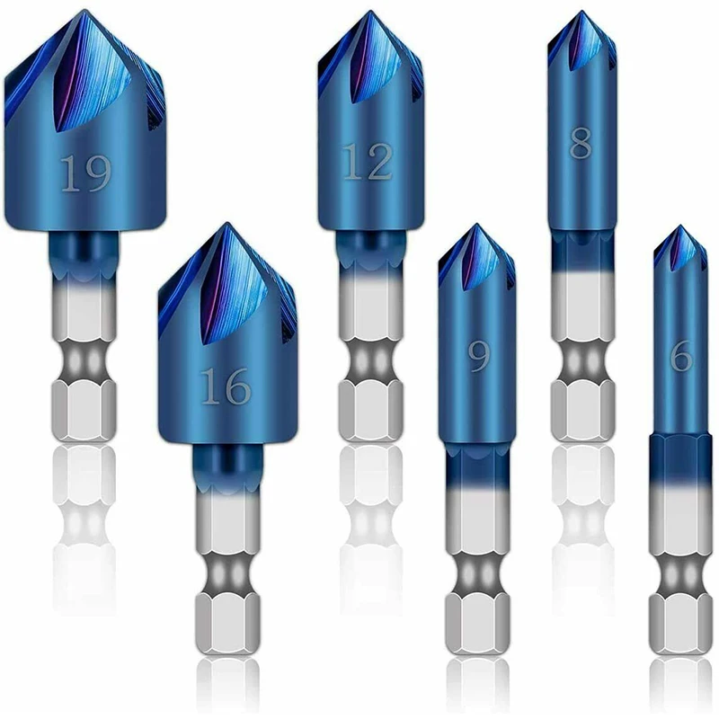 

6PCS 1/4" Hex Shank Countersink Drill Bit 6-19mm 5 Flute Hole Drill 90 Degrees Wood Chamfering Cutter Blue Coated Chamfer Tool