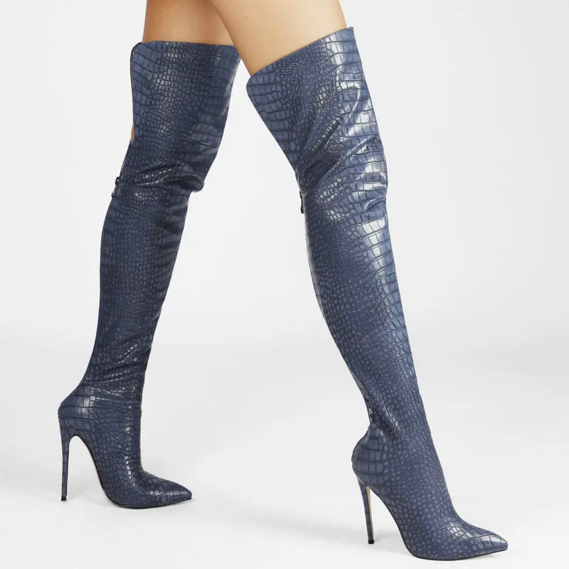 

Sexy Super Stiletto Women's Shoes Stone Print Zipper Knee High Boots Ladies Pointed Toe Autumn Winter Thigh Boots Blue Sliver