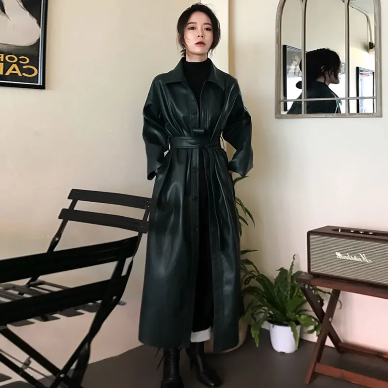 

Cool PU Leather Long Jacket 2020 New Autumn Women Loose Belt PU Leather Windbreaker Trench Coat Slim Spring Jacket