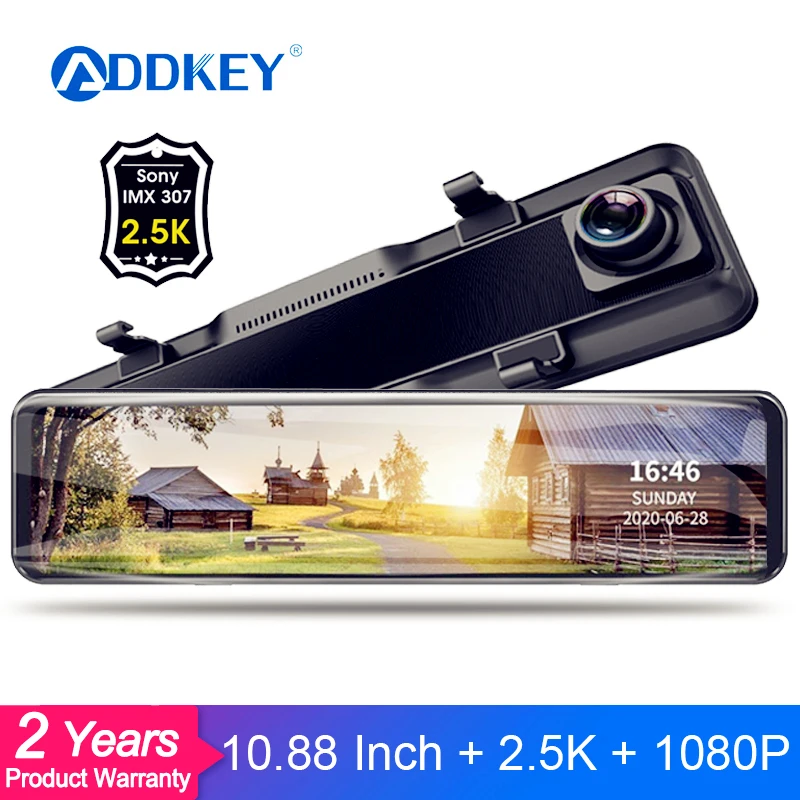 ADDKEY 10.88 Inch Dash Cam 2.5K Touch Screen Car DVR stream media Camera Timelapse video Rearview Mirror Backup Night camera