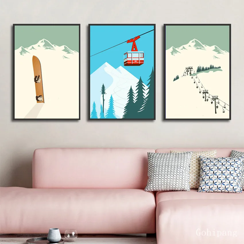 Nordic Decoration Home Vintage Winter Landscape Posters and Prints Painting Abstract Skiing Sports Canvas Art Wall Pictures | Дом и сад