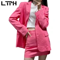 ltph korean cotton linen two piece set women blazer skirt suits high waist zipper casual business office wear 2021 autumn new