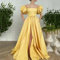 elegant yellow satin prom dresses 2022 party night short puff sleeves formal gowns side split women evening dress with pockets