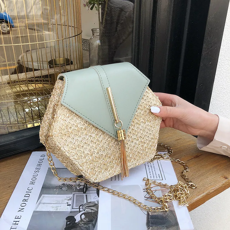 

Hexagon Mulit Style Straw+leather Handbag Women Summer Rattan Bag Handmade Woven Beach Circle Bohemia Shoulder Bag New Fashion