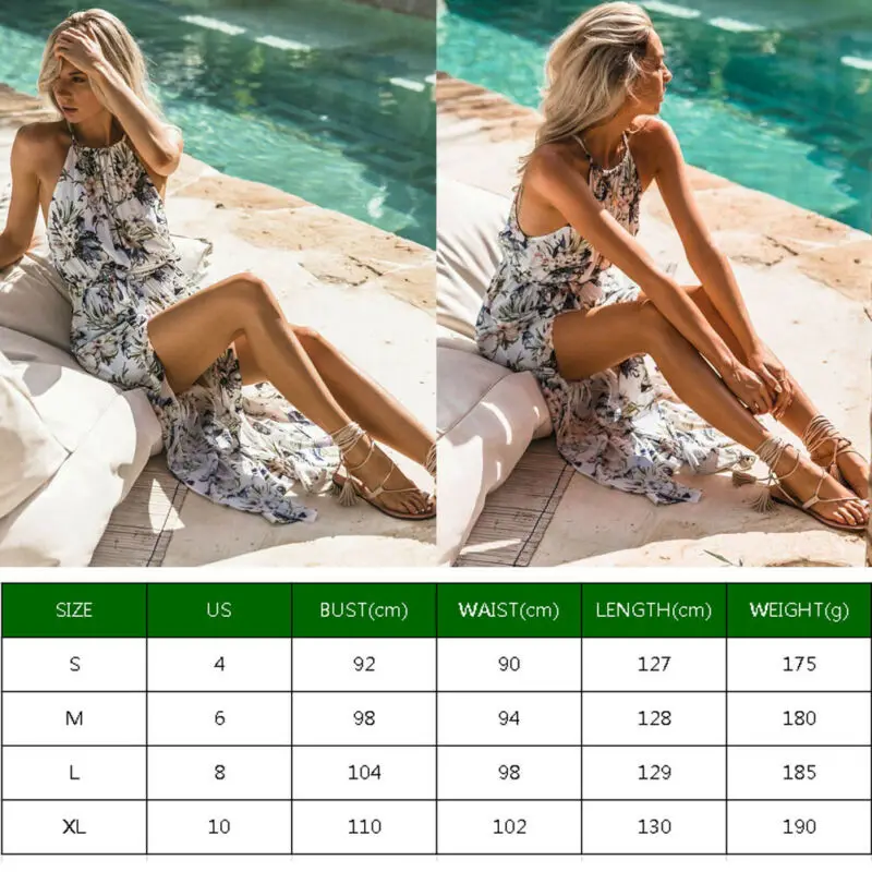 Летнее женское платье без рукавов с лямкой на шее в стиле бохо длинное цветочным
