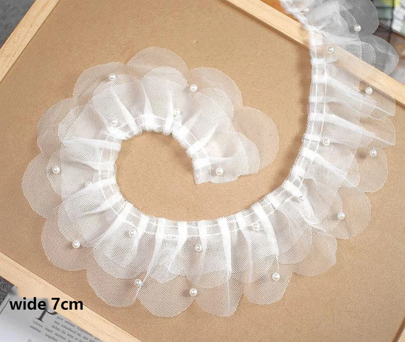 

7cm wide white three layer beaded mesh lace fabric, pleated skirt, sewing, handmade DIY material accessories