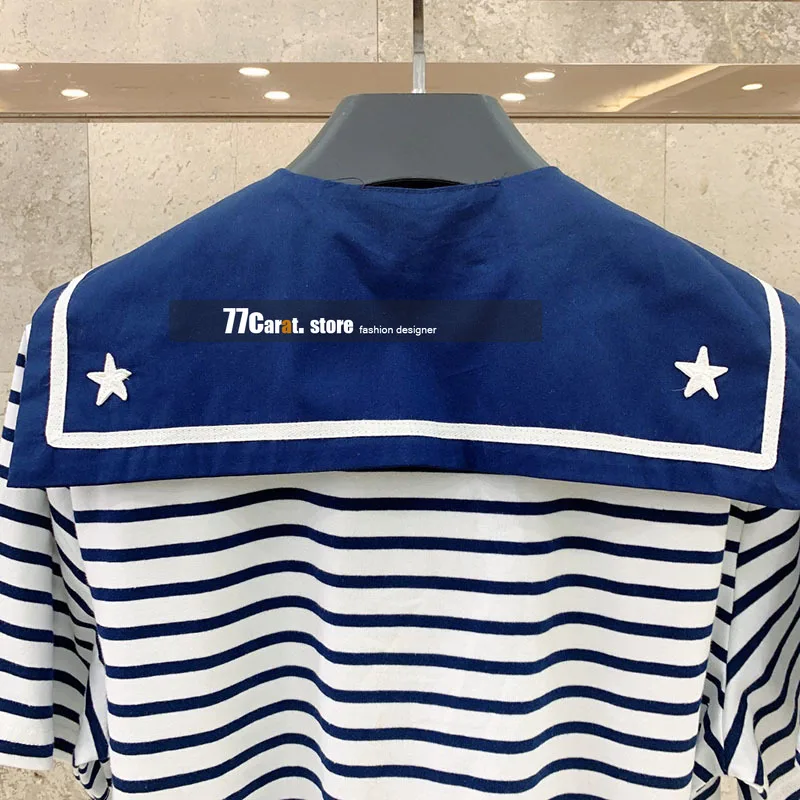 

fashion dress summer 2021 high end sailor collar blue and white striped print dresses for women casual lazy mini sexy dresses