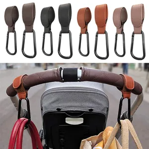 Imported 1/2pcs Portable PU Leather Baby Stroller Hook Hanger Velcros Pram Hook Carabiner Cart Organizer Clip