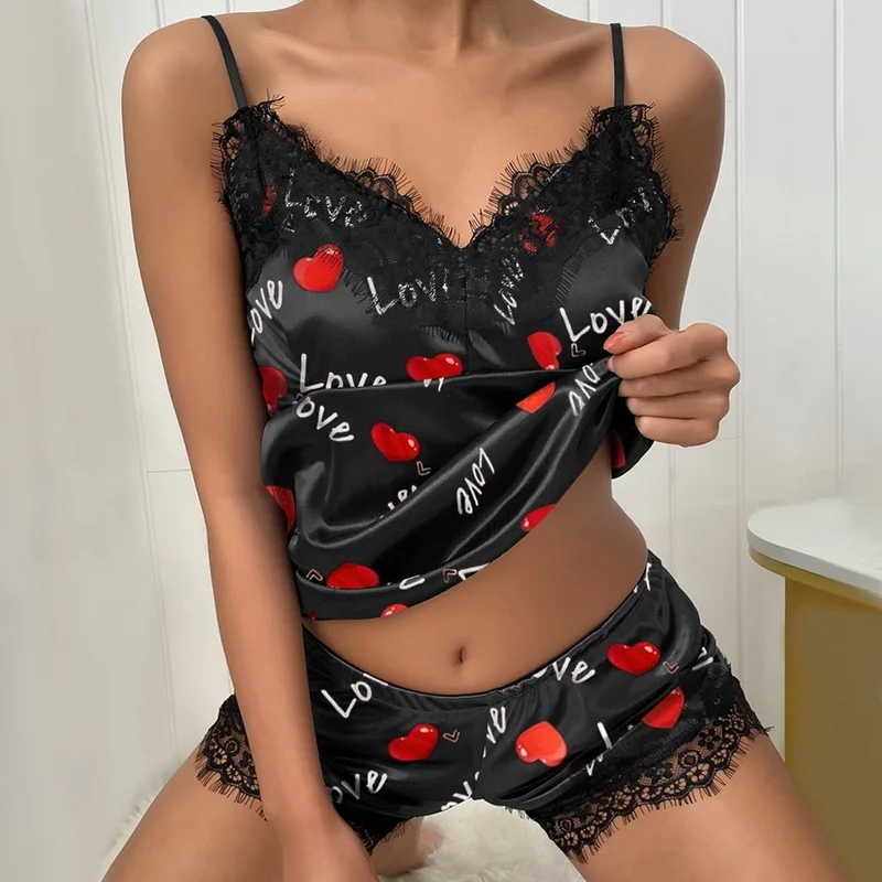

Pajamas For Women Summer 2021 Lace Pajamas Set Sexy Spaghetti Strap Lingerie Sleepwear Suit Nightwear Shorts Set Pijama Mujer