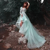 sexy v neck organza dress applique one sleeve high low evening dresses with long train elegant dresses for women prom gown