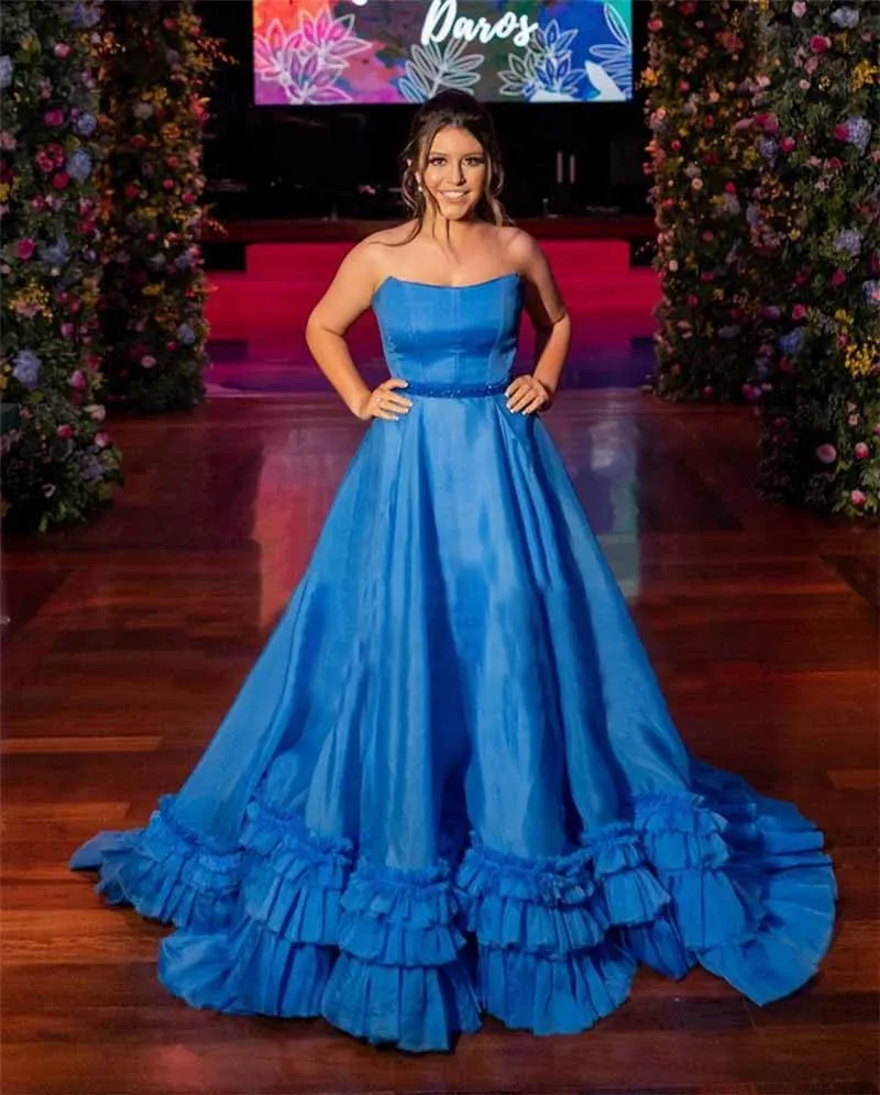

Blue Strapless Prom Dresses Long Beaded Ruched Tulle Formal Evening Party Gown Robe De Soiree