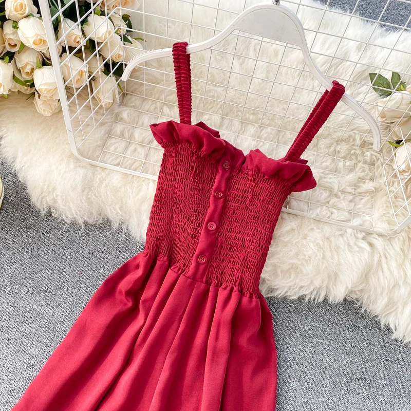 

2020 Boho Sexy slim Button Spaghetti Strap Summer Full Length Jumpsuit Women elastic Playsuit Beach Holiday Romper