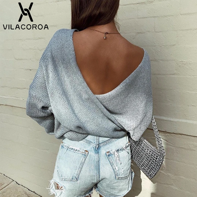 Свитер женский трикотажный с открытой спиной длинным рукавом V-образным вырезом |