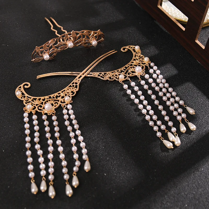 Hanfu Clothing Accessories Retro Pearl Tassel Hairpins Set with Crown Chinese Style Cute Vintage Headdress for Girls MA | Красота и
