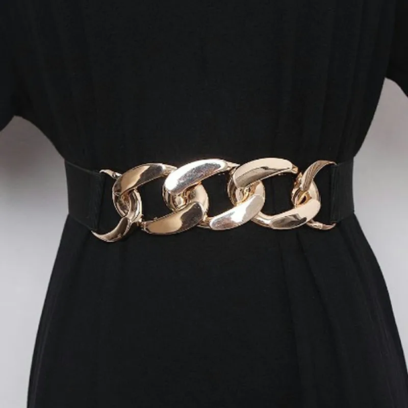 

Punk Fashion Women Elastic Belts Designer PU Thick Metal Chain Waist Strap Dress Coat Sweater Lady Simple Decorative Waistband