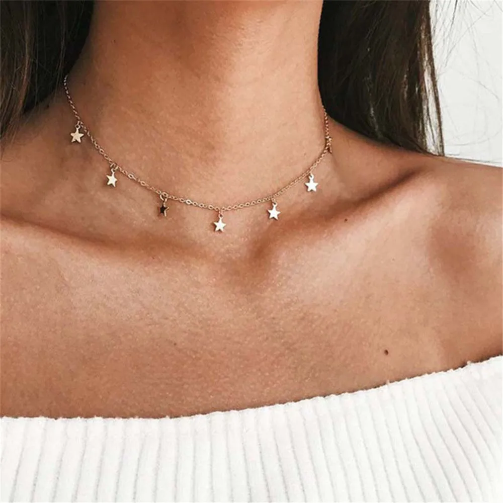 

Fashion Women Lady Elegant Star Pendant Beach Chocker Chain Necklace Simple Choker Party Dress Necklaces Jewelry gold necklace