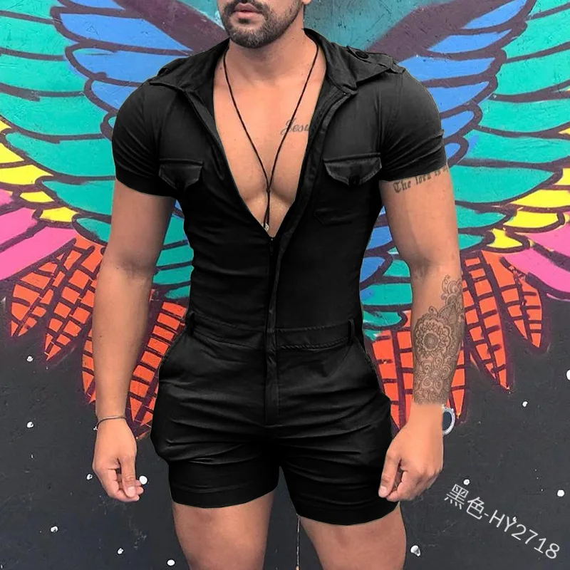 

Slim Solid Men Sets Bodysuit 2020 New Zipper Hip Hop Shorts&Short Sleeve Mens Set Casual Men Clothing Tooling Style Streetwear
