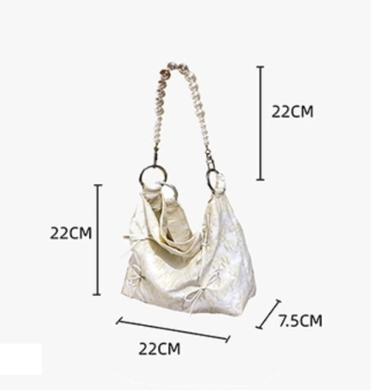 

Vintage Jacquard Tote Bag 2021 New Chic Light Yellow Bag With Bow Deco And Pearl Strap Shoulder Crossbody Bag Women