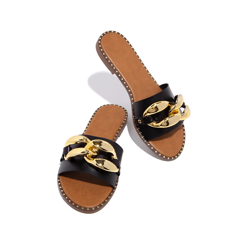 

Женские шлепанцы с заклепками, летняя пляжная обувь на плоской подошве с цепочкой и открытым носком, большой размер 41