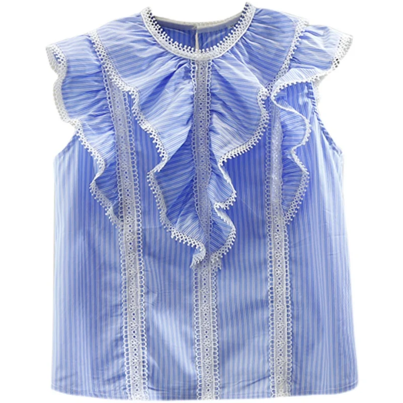 

Sweet Pleated Ruffled Stitching Hollow Lace Sleeveless Pullover Blouse Women Loose All-Matching Striped Shirt Tops Blusa