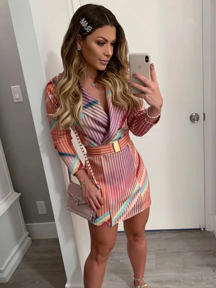 

Womens Elegant Color Stripes Dresses 2021 fall Sexy Mini Dress