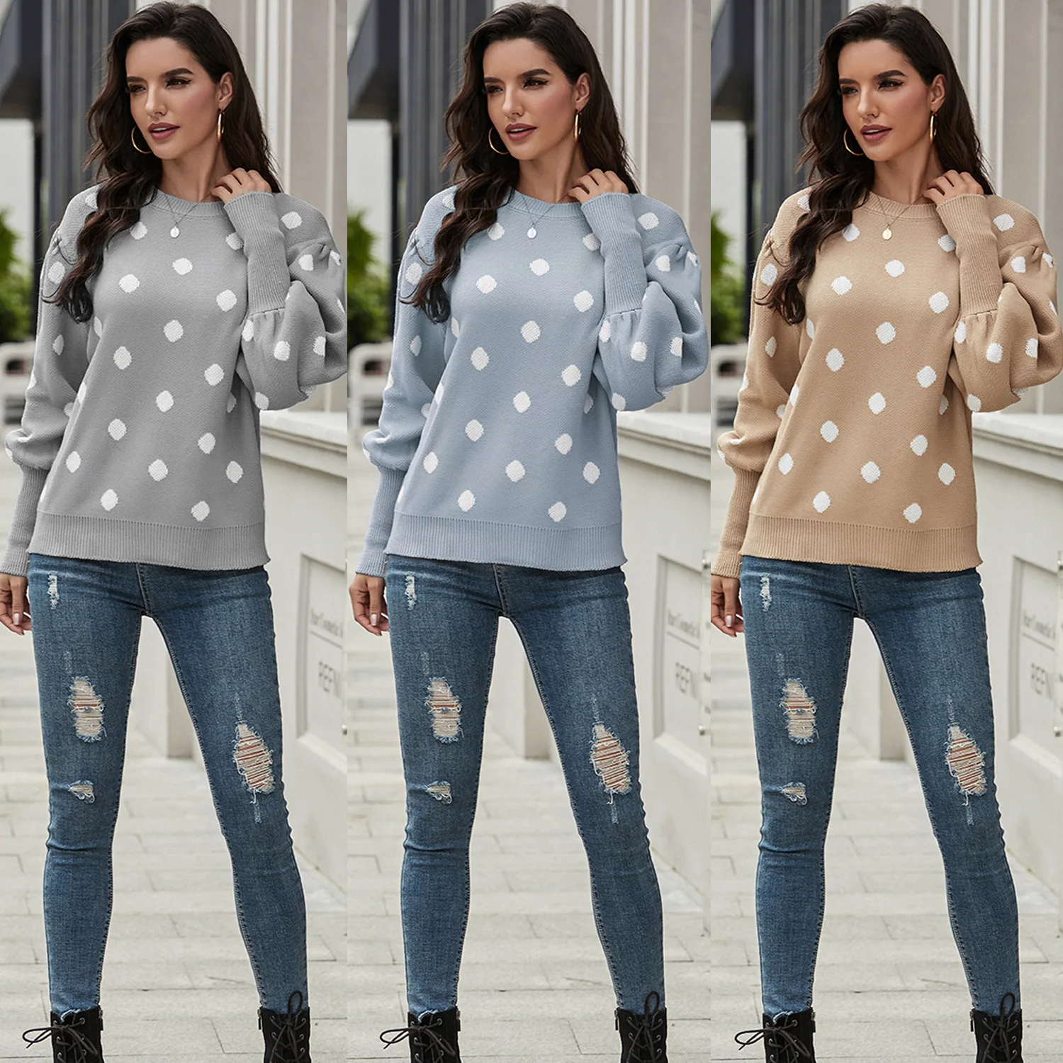 

Female Long Sleeve Blue Fashionable Sweaters Female Dot Print Loose Casual Crew-Neck Knitted Sweater Autumn Winter Woman Sweater