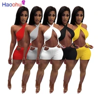haoohu two piece set women summer sweat suits halter crop top bandage hollow biker shorts sexy night club outfits matching sets