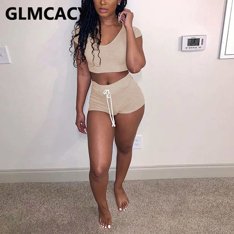 

Women Casual Solid Two Piece Sumemr Suits Short Sleeve Crop Top & Bodycon Shorts Set