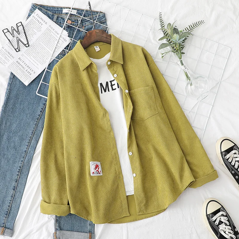 

Tooling Shirt Autumn Women 2020 New Style Solid Color Lazy Wind Loose All-Match Long Sleeve Corduroy Jacket Fashion Lapel