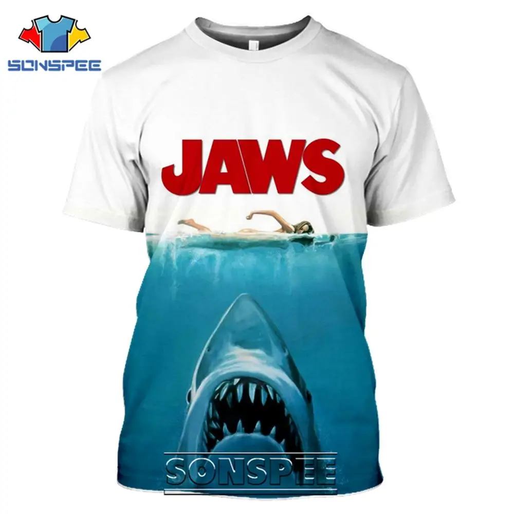 

SONSPEE Classic Movie Jaws Men's T Shirts Summer Casual Hip Hop Short Sleeve 3D Print Men Women Vintage Shark Tees Shirts