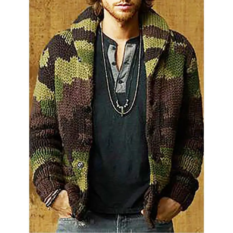 

Men Turn-Down Collar Cardigan Autumn Winter Camouflage Jacket Oversized Field Clothes Knitted Casual Male Sweater Drop Shipping