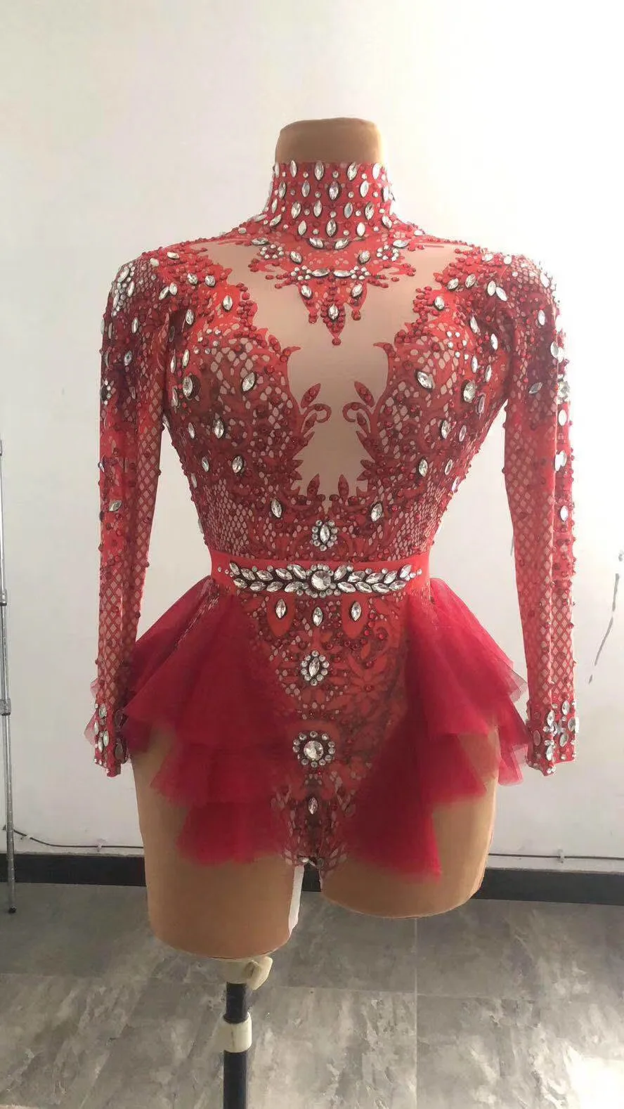 Red Yellow Mesh Sparkly Rhinestones Bodysuit Stretch Sexy DJ Pole Dancing Acrobatic Performance Crystals Leotard Spandex Costume