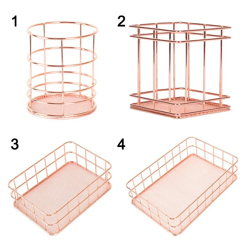 

Simple Style Metal Storage Basket Rose Gold Storage Rack Stationery Organizer Desktop Accessories AUG889