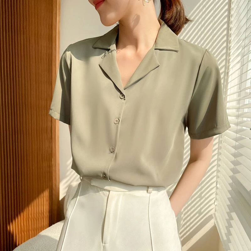 Женские блузки 2021, летние футболки для девочек, футболки на каждый день в ретро стиле костюм из плотной ткани с воротником с коротким рукавом офисные женские туфли пуговицы верхняя одежда Blusas