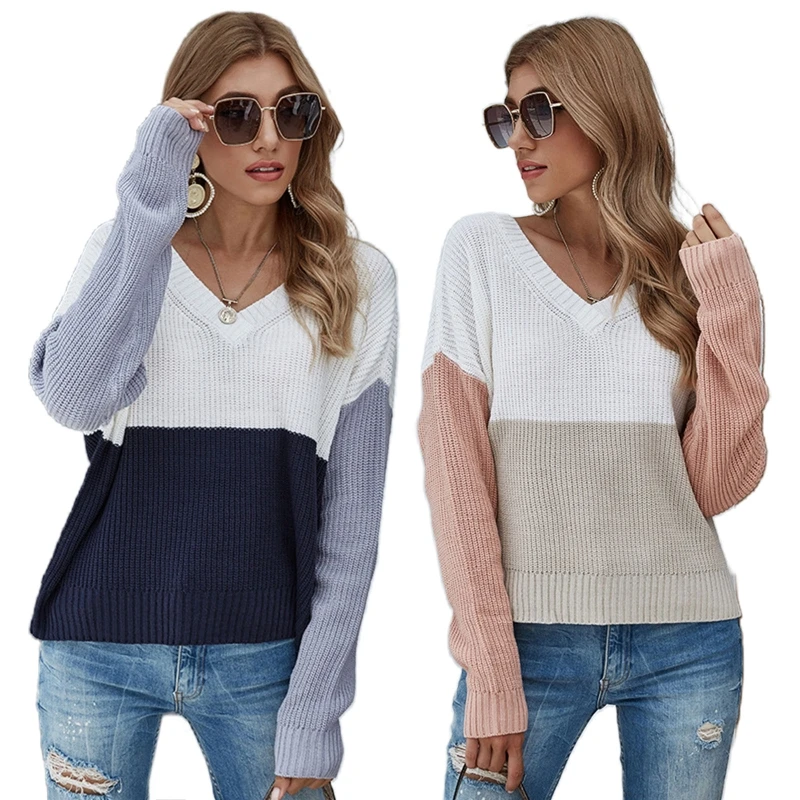 

2020 New KLV Women Autumn Long Sleeve V-Neck Sweater Patchwork Ribbed Trim Jumper Tops Casual Loose Basic Pullover Knitwear