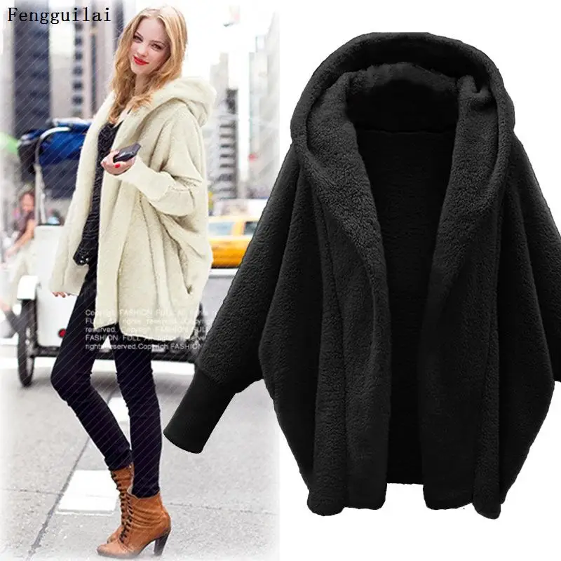 

2021 Plus Size Fashion Casual Loose Solid Full Sleeve Hooded Plush Coat For Women Large Outwear Autumn Winter Coats Vestido