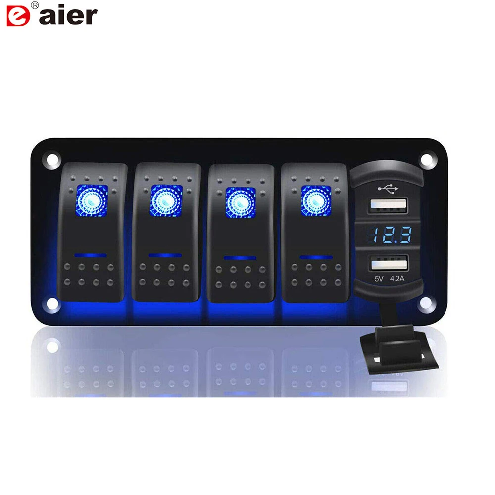 

12/24V 5 Gang Aluminum USB Switch Panel 5 Pin ON OFF Toggle Switch with LED Backlit, Wiring Harness Pre-Wired for Boat Car Marin