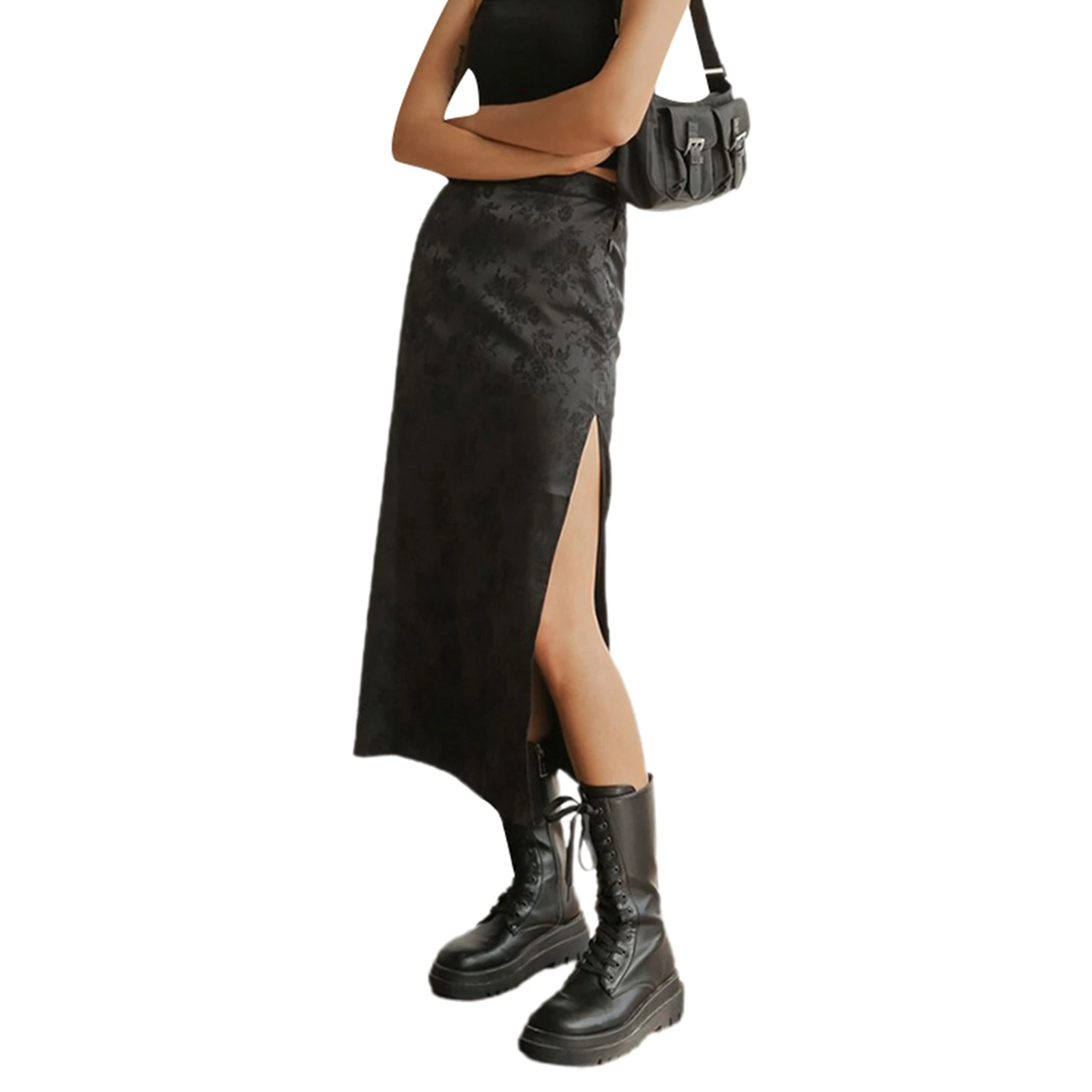 

Women's Straight Midi Skirts, Gothic Floral Embroidery High Waist Side Split Long Skirts