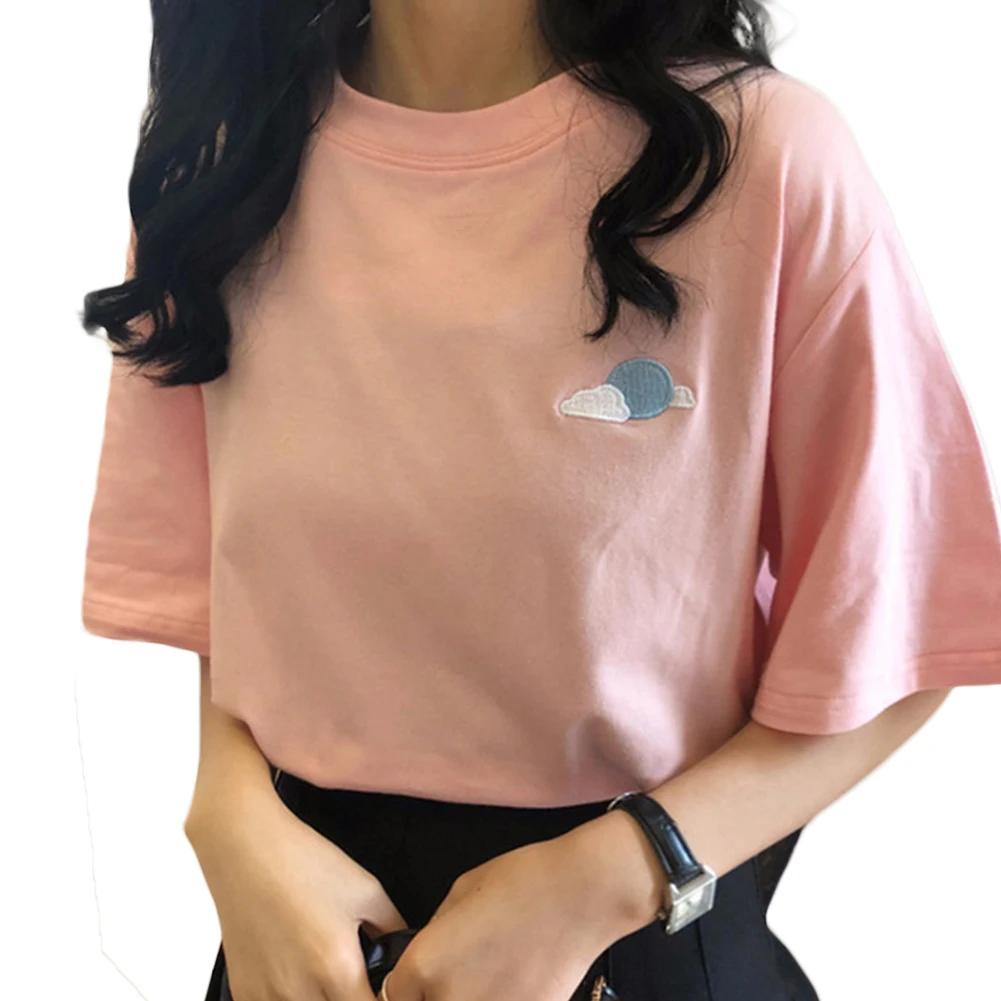 Женская футболка с коротким рукавом Повседневная белая вышитым рисунком лето 2019