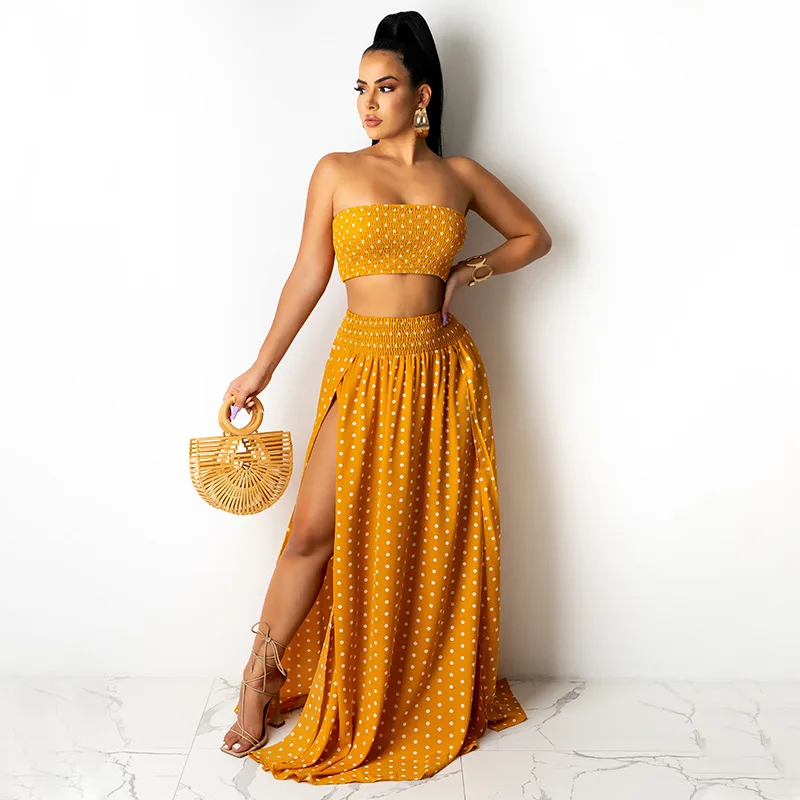 

Fancymes пикантный комплект из двух предметов в горошек с высоким разрезом свободное летнее платье комплект без бретелек с открытой спиной Жен...