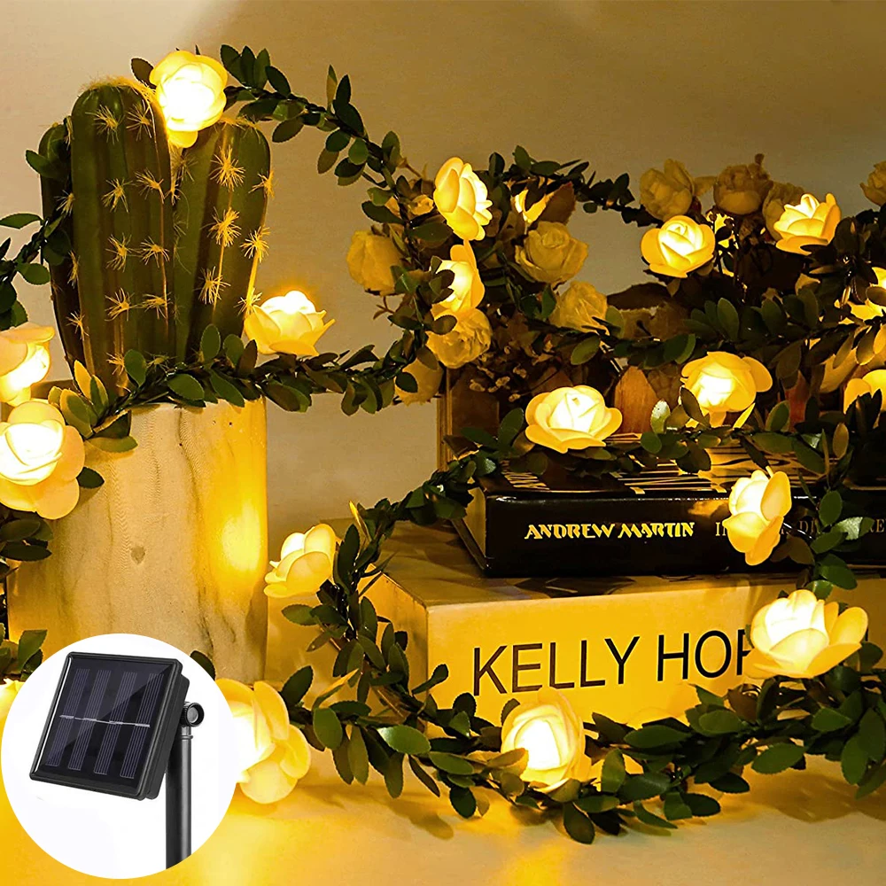 

Solar Wedding Rose Lights String Artificial Vine Flower Rose Garland Lamp 100/50/30/20leds for Christmas New Year Patio Decor