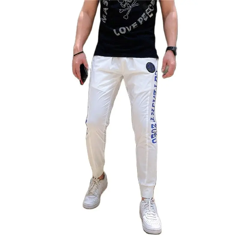 

Summer Thin Casual Pants Men's 2021 New Small Feet Trousers Color Printing Hot Drill Beam Pants Men's teenagers Sports Pants
