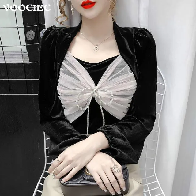 

VOOCIEC French women's Chiffon Top Sexy party bow Lace Vintage Bubble Sleeve Chiffon Long sleeve with mesh stitching velvet