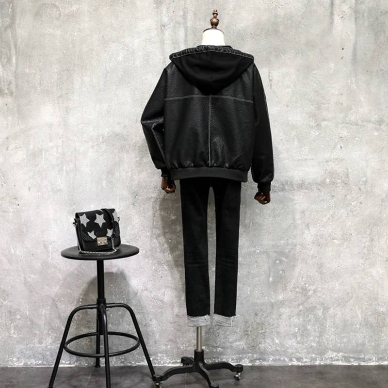

Ly Varey Lin Autumn Faux Soft Leather Hooded Loose Jackets Women Black Faux Pu Biker Baseball Uniform Zipper Bomber Overcoat