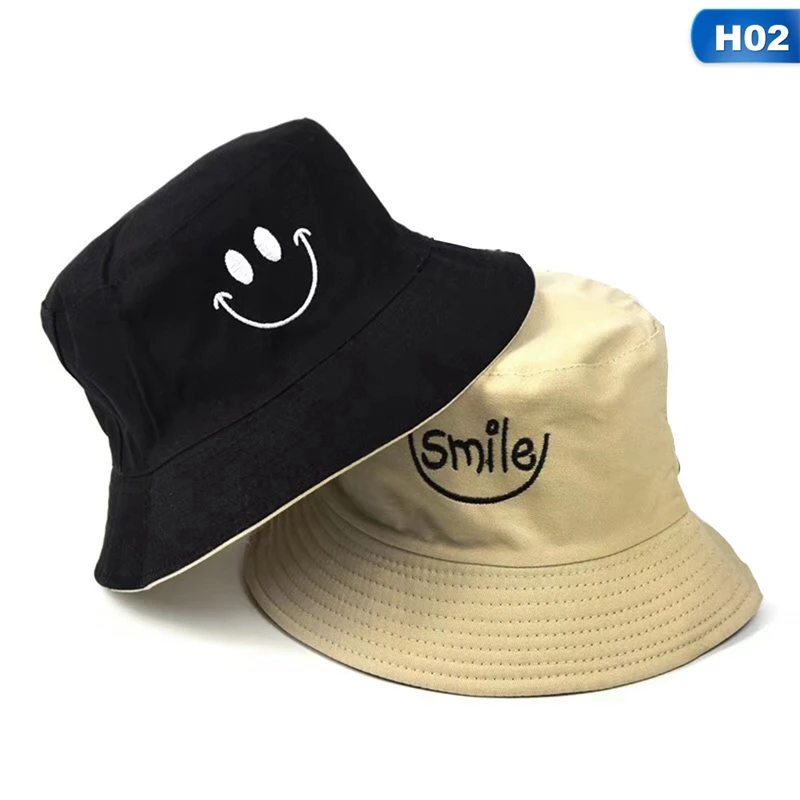 HT3149H02 SMILE Bucket Hat Double Sided Bucket Hat Smiling face Unisex Fashion Bob Cap Hip Hop Gorro Men Summer Cap - Color: HT3149H02